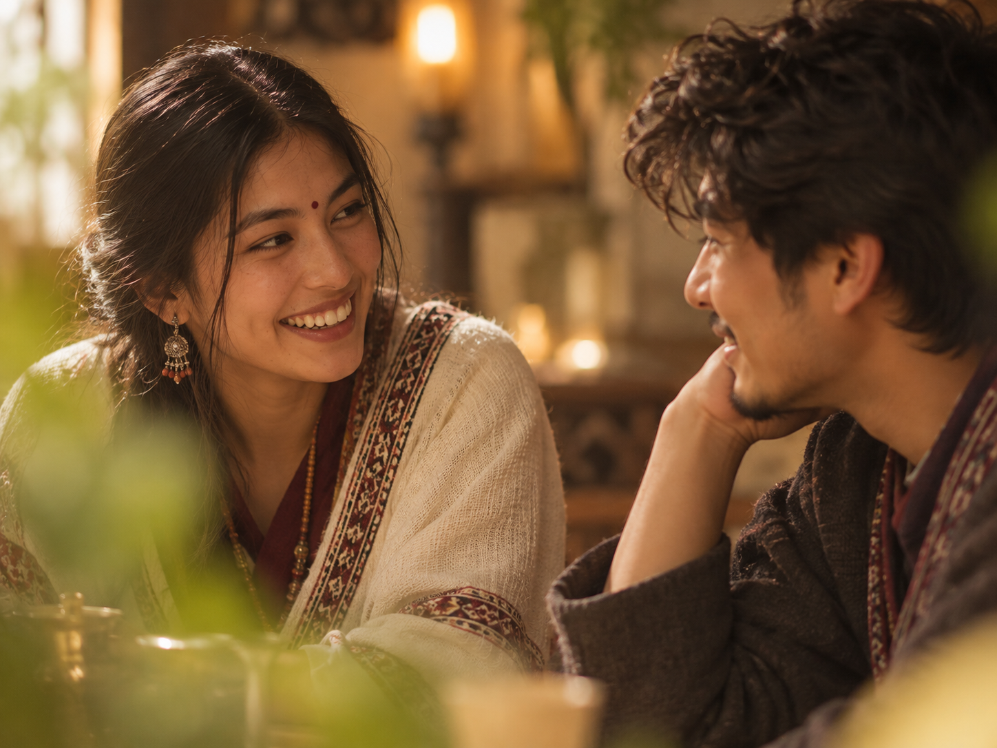 Illustrative photograph of a Himalayan couple talking over tea